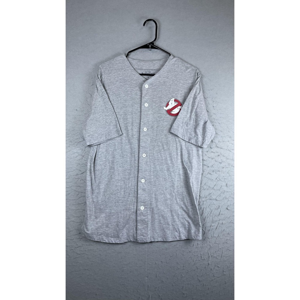 Ghostbusters Shirt Mens Medium Gray Solid Short Sleeve Button Baseball Jersey 84